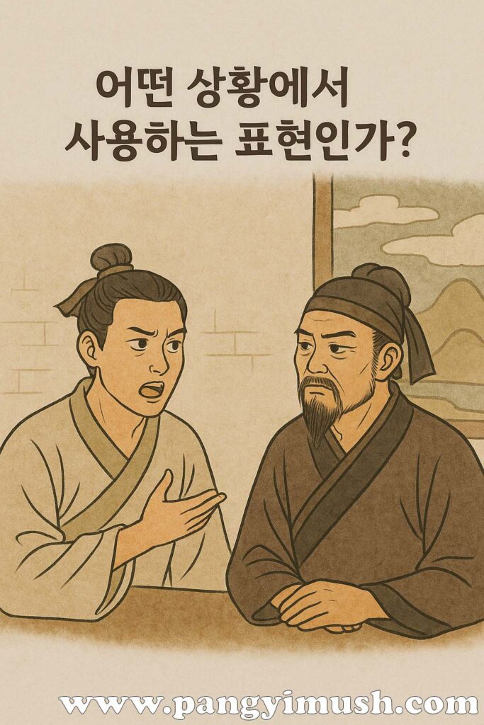 고장난명이 어떤 상황에서 사용되는 표현인지 설명하기 위해 두 사람이 대화하며 논의하는 장면을 전통 삽화 스타일로 표현한 이미지