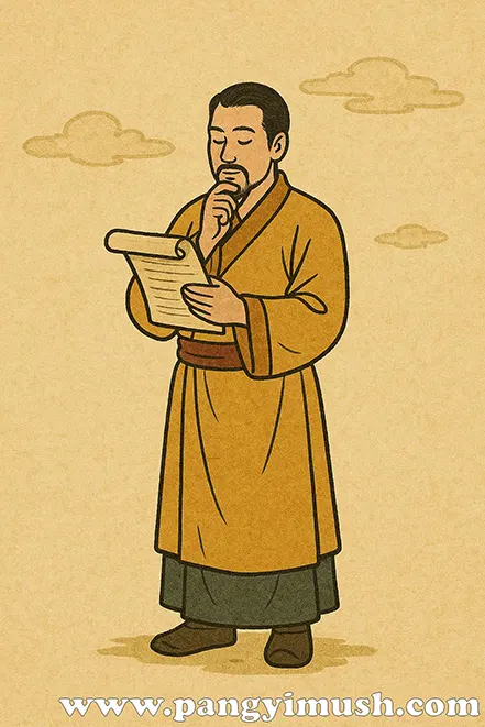 두루마리를 읽으며 깊이 생각하는 동양 학자의 모습, 임기응변이 주는 삶의 교훈을 상징하는 일러스트 이미지