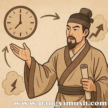 시계와 화살표를 가리키며 상황에 따라 판단하는 동양 학자의 모습, 임기응변의 의미를 시각적으로 표현한 일러스트