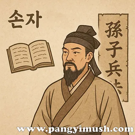 손자병법의 저자 손자를 묘사한 일러스트, 고전 병법과 임기응변의 사상적 유래를 상징하는 이미지