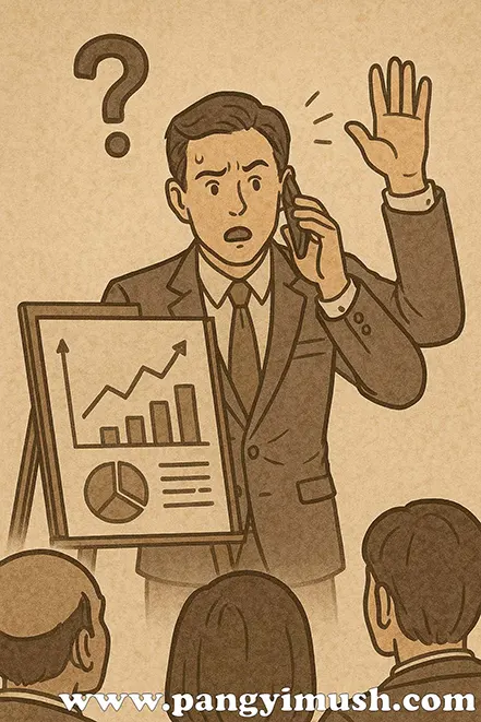 발표 중 예상치 못한 질문과 전화에 동시에 대응하는 직장인의 모습, 임기응변이 필요한 상황을 표현한 일러스트 이미지