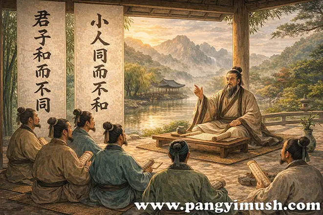 공자가 제자들에게 군자화이부동 소인동이불화를 설명하는 논어 장면을 표현한 이미지