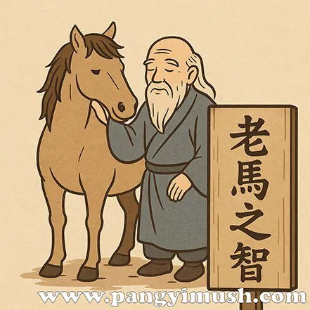 노마지지의 의미를 표현한 일러스트로, 현자가 말의 머리를 어루만지며 ‘老馬之智’ 글자가 적힌 표지판이 함께 있는 이미지.