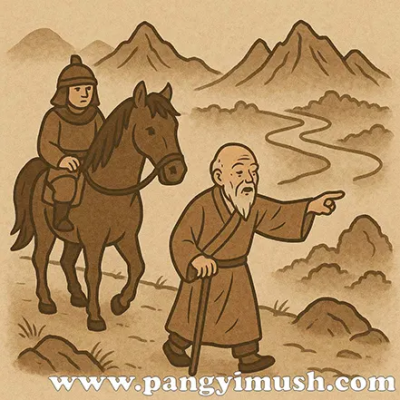 노마지지의 유래를 표현한 일러스트로, 길을 잃은 병사를 늙은 말과 노인이 안내하는 장면.