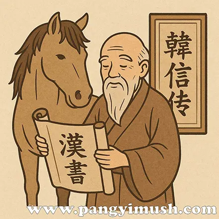 노마지지의 출전을 보여주는 일러스트로, 늙은 현자가 한서와 한신전을 읽으며 말과 함께 서 있는 모습.