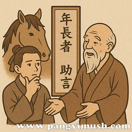 경험 많은 노인이 젊은이에게 조언하는 모습을 묘사한 노마지지 사용 상황 일러스트.