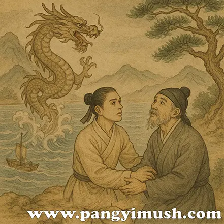 고전 설화를 연상시키는 동양화풍 삽화, 용과 바다를 배경으로 두 인물이 간절한 마음을 나누는 장면으로 오매불망을 상징하는 이미지