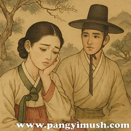 전통 동양화풍 삽화에서 서로를 바라보는 남녀의 모습, 간절한 그리움과 오매불망의 마음을 표현한 이미지