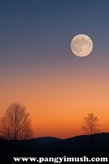 해 질 녘 하늘에 떠 있는 둥근 달과 나무 실루엣, 깨어도 잠들어도 잊지 않는 마음을 상징하는 오매불망 이미지