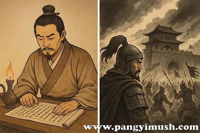 전쟁으로 위태로운 상황을 상징하는 고대 장수와 혼란스러운 전장의 일러스트