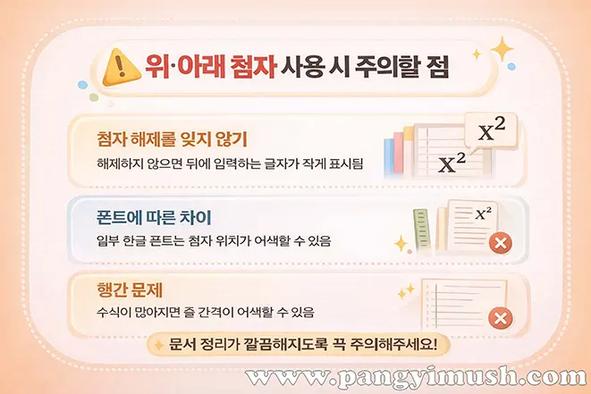파워포인트에서 위 첨자와 아래 첨자를 사용할 때 해제 여부, 폰트 차이, 행간 문제 등 주의할 점을 정리한 이미지
