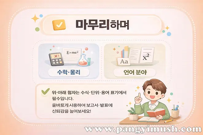 파워포인트 위 첨자와 아래 첨자를 활용해 수학·물리·언어 분야에서 수식과 단위를 정확하게 표현하는 마무리 정리 이미지