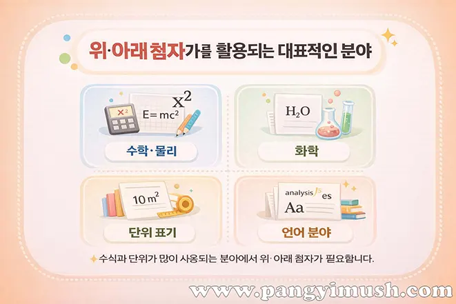 파워포인트 위 첨자와 아래 첨자가 수학·물리, 화학, 단위 표기, 언어 분야에서 활용되는 대표적인 예시를 보여주는 이미지