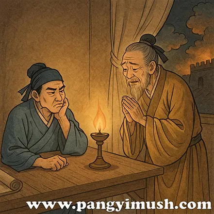 등불 앞에서 나라의 위기를 걱정하며 대화하는 두 고대 인물의 일러스트