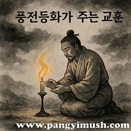 바람 속에서도 촛불을 보호하며 교훈을 되새기는 고대 인물의 수묵화 스타일 일러스트