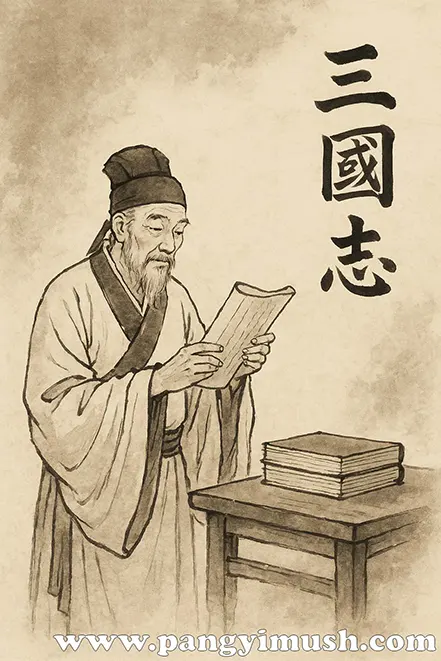 삼국지(三國志) 문헌을 읽는 고대 학자를 동양화 스타일로 묘사한 그림