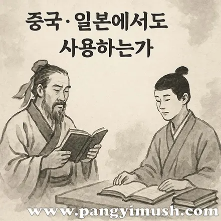 중국 학자와 일본 학자가 책을 읽는 모습을 동양화 스타일로 표현한 그림 — 수불석권의 중국·일본 사용 여부 설명용 이미지