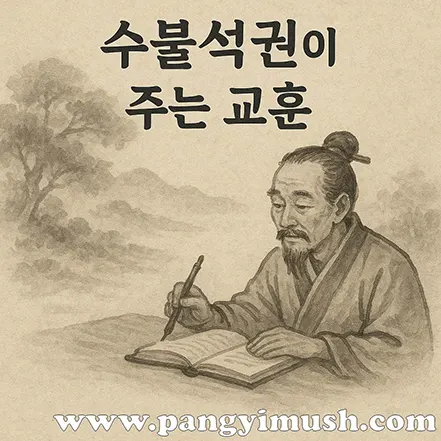 수불석권의 교훈을 상징하는, 고대 학자가 책을 읽고 기록하는 장면을 수묵화로 표현한 이미지