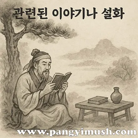 전통 수묵화 스타일로 표현된 고대 학자가 자연 속에서 책을 읽는 모습 — 수불석권 관련 설화와 이야기를 상징하는 이미지
