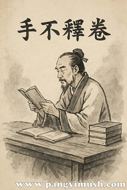 손에서 책을 놓지 않는다는 의미의 사자성어 ‘수불석권’을 수묵화로 표현한 학자의 독서 장면