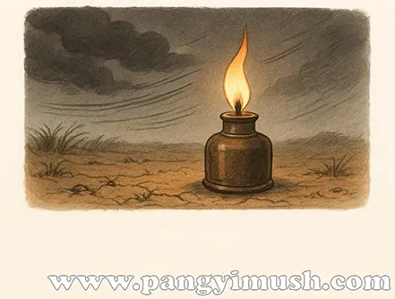 바람에 흔들리는 등불과 어두운 하늘을 묘사한 풍전등화 의미 설명용 일러스트