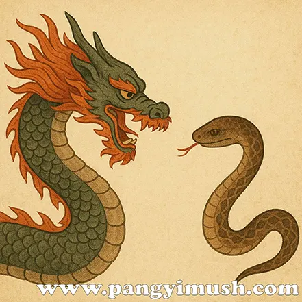 용과 뱀의 대비로 용두사미 뜻을 표현한 일러스트