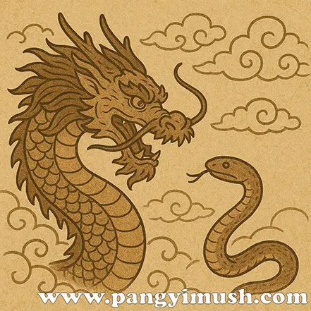 용과 뱀의 대비로 용두사미 의미를 표현한 상징적 일러스트