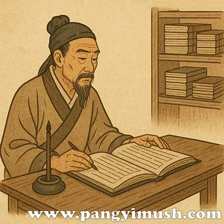 고대 중국 학자가 문헌을 읽으며 사자성어 용두사미의 배경을 떠올리는 모습