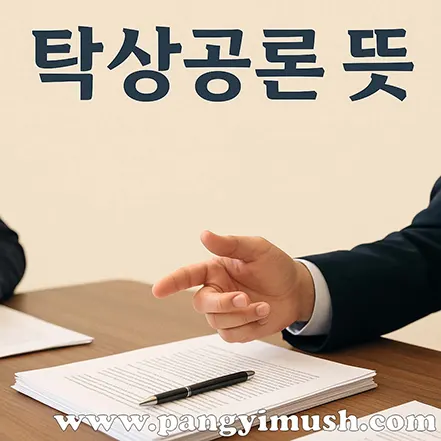 탁상공론 뜻 문구와 책상 위 문서 앞에서 손짓하는 사람의 모습이 담긴 이미지