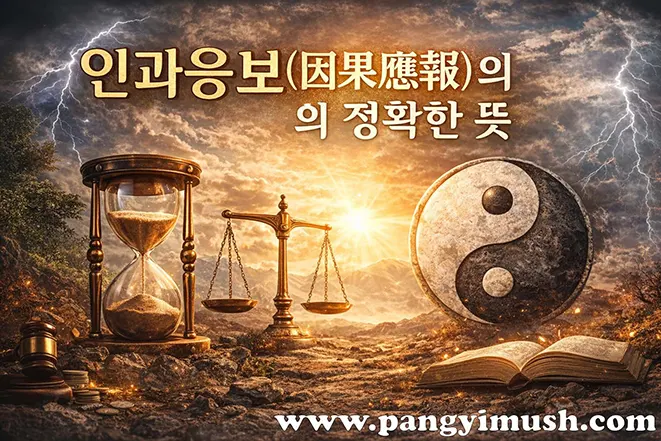 인과응보의 정확한 뜻을 상징하는 이미지로 모래시계, 저울, 음양 문양과 책이 함께 표현된 장면