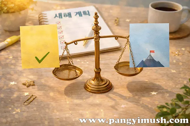 쉬운 계획과 어려운 계획을 저울로 비교하며 균형의 중요성을 표현한 새해 계획 이미지