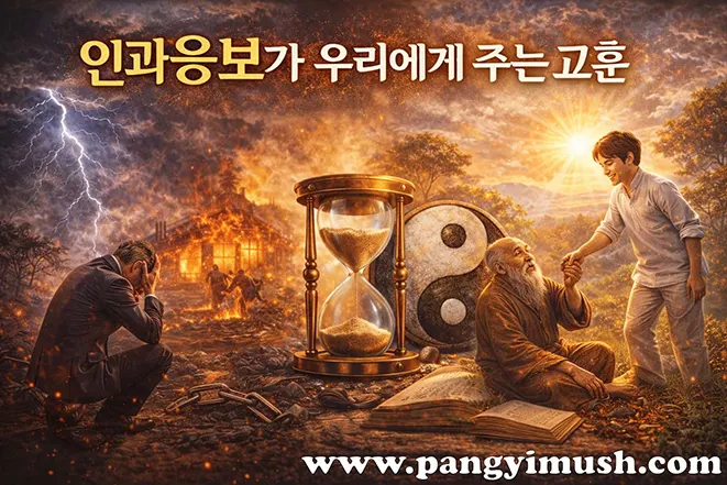 인과응보가 주는 삶의 교훈을 상징하는 모래시계와 음양, 선택의 대비 장면 이미지