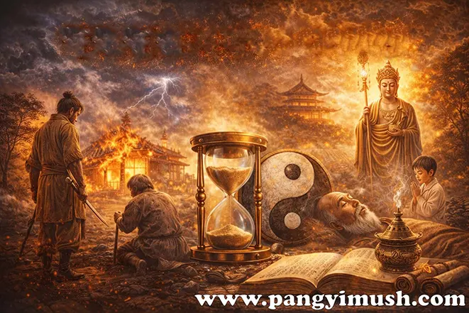 인과응보가 주는 삶의 교훈을 상징하는 불교적 장면과 모래시계, 음양 문양 이미지