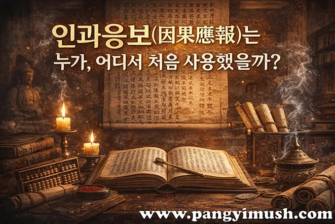 인과응보의 기원과 사용 배경을 상징하는 고대 불경과 고서 이미지