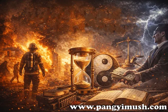 인과응보가 나타나는 다양한 상황을 상징하는 불길과 저울, 모래시계, 음양 문양 이미지