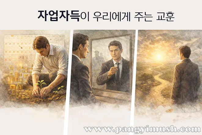 자업자득이 주는 교훈을 표현한 이미지로, 노력의 씨앗을 심는 모습, 자기 자신을 성찰하는 장면, 선택의 길 앞에 선 인물의 모습이 대비되어 나타남
