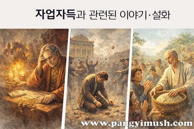 자업자득과 관련된 이야기 구조를 묘사한 이미지로, 탐욕 끝에 몰락한 인물, 군중의 비난을 받는 인물, 선행으로 존경받는 노인의 대비된 장면을 표현함