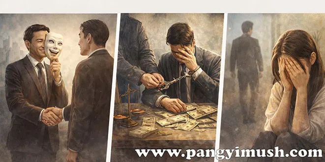 자업자득이 사용되는 상황을 표현한 이미지로, 거짓된 거래, 불법 행위의 발각, 인간관계의 파탄 등 스스로의 선택이 결과로 돌아오는 장면을 묘사함