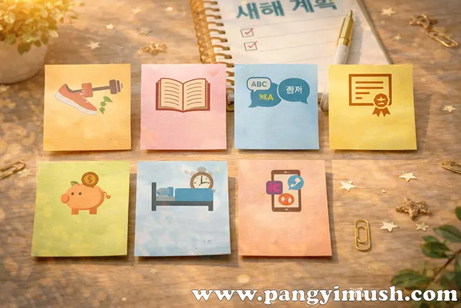 운동, 독서, 외국어 공부, 자격증, 저축 등 사람들이 가장 많이 세우는 새해 계획을 아이콘 메모로 표현한 이미지