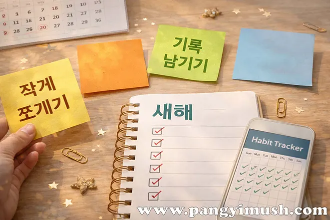 새해 계획을 작게 쪼개고 기록하며 습관으로 만드는 과정을 노트와 해빗 트래커로 표현한 이미지