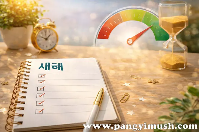 체크된 새해 계획 노트와 속도 게이지, 모래시계로 빠른 목표 달성의 중요성을 표현한 이미지
