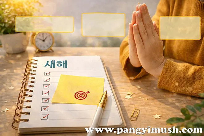 새해 계획 노트를 앞에 두고 손을 모은 자세로 계획을 실현하려는 마음가짐과 태도를 표현한 이미지