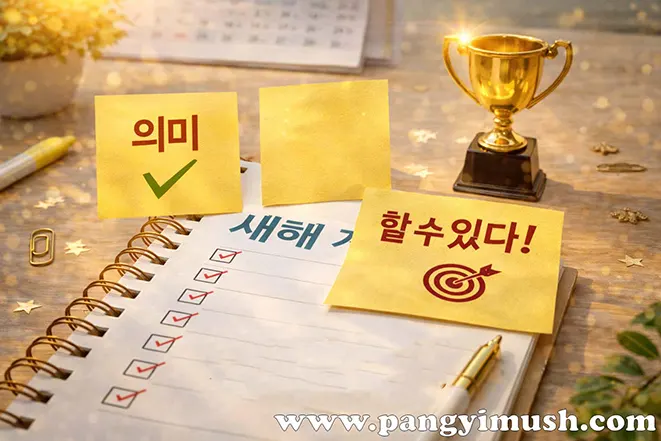 새해 계획 노트 위에 ‘의미’, ‘할 수 있다’ 메모와 트로피가 놓인 의미 있는 빠른 성공을 상징하는 이미지