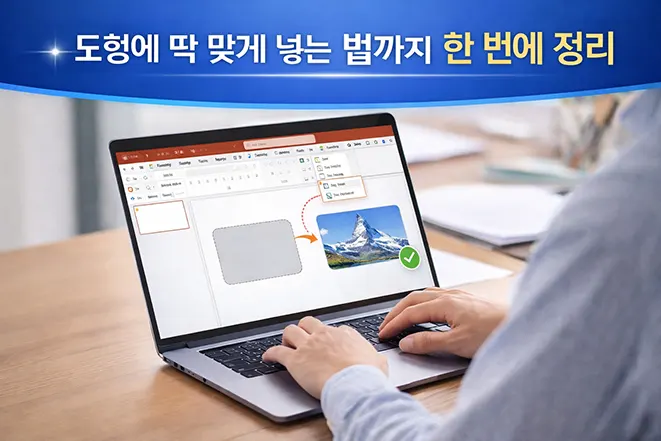 노트북에서 파워포인트로 도형에 맞게 이미지를 삽입하는 작업 과정을 보여주는 예시 이미지