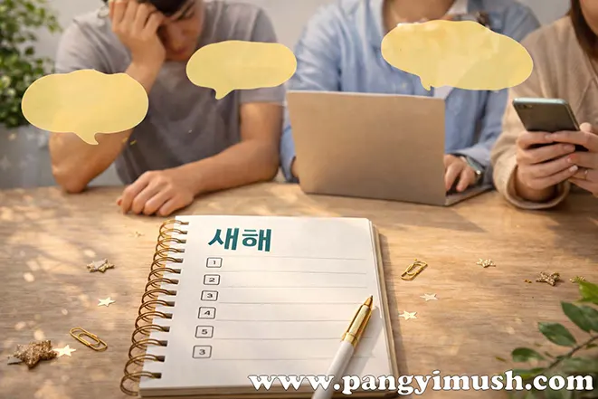 새해 계획 노트 앞에서 고민하고 미루는 사람들의 모습으로 계획을 실천하지 못하는 이유를 표현한 이미지