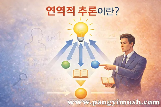 연역적 추론의 개념을 설명하는 이미지로, 일반적인 원리와 전제에서 출발해 구체적인 결론으로 내려오는 사고 과정을 시각적으로 표현함