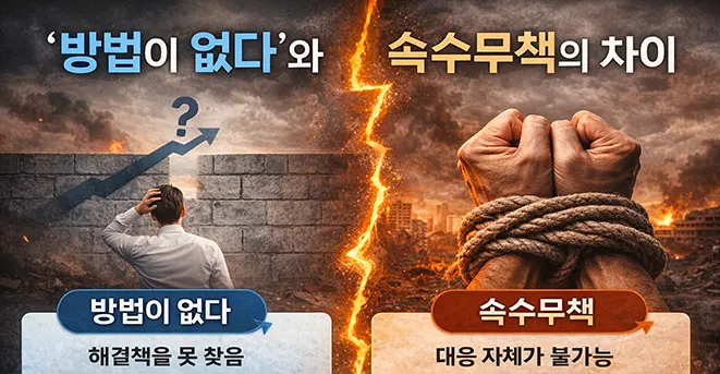 ‘방법이 없다’와 ‘속수무책’의 차이를 비교한 이미지로, 왼쪽에는 해결책을 찾지 못해 고민하는 인물과 상승 화살표, 오른쪽에는 밧줄에 묶인 두 손이 표현되어 있다.