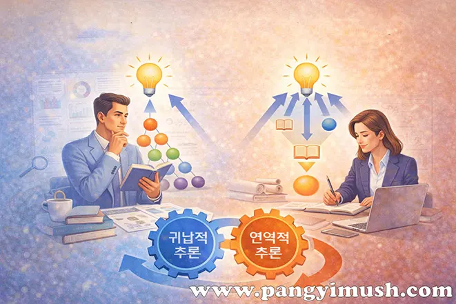 공부와 글쓰기에서 귀납적 추론과 연역적 추론을 활용하는 장면을 표현한 이미지로, 귀납은 사례를 분석하고 연역은 논리적으로 정리하는 사고 과정을 시각화함