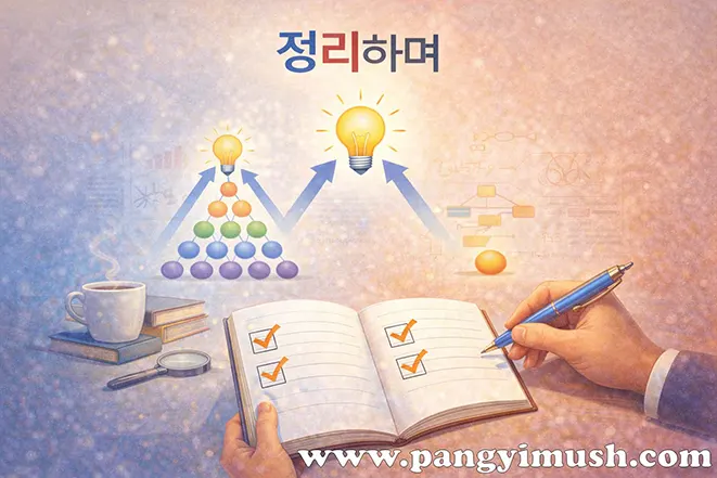 귀납적 추론과 연역적 추론 내용을 정리하는 장면을 표현한 이미지로, 사고 과정을 점검하고 핵심을 정리하는 마무리 단계의 모습을 시각적으로 나타냄