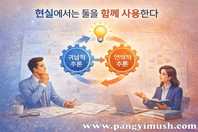 현실에서는 귀납적 추론과 연역적 추론을 함께 사용하는 모습을 표현한 이미지로, 두 사고 방식이 순환하며 문제 해결에 활용되는 과정을 시각적으로 나타냄